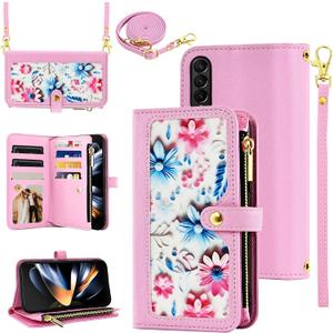 Floral Wallet Case for Samsung Galaxy Z Fold 4 5G 2022 with Wrist Strap Shoulder Strap Flip Zipper Purse, Luxury PU Leather Card Holder Stand Phone Cover for ZFold4 Z4 Fold4 4Z ZFold45G Pink