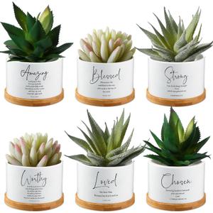 Sieral 6pcs Bible Verse Succulent Pots 3 x 3 x 2 Inch Christian Gift White Ceramic Flower Planter with Bamboo Tray Small Pots Succulent Planters for Patio Garden, Plants Not Included (Bright)