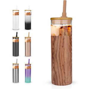 Tronco 20 oz Vacuum Insulated Glass Tumbler with Lid and Straw - Keeps Drinks Cold for 12 Hrs - Reusable Glass Cup for Iced Coffee, Smoothies & Boba - Sweat & BPA Free, Dishwasher Safe, Fit Car Holder