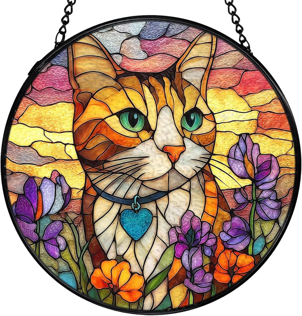 Cat Flower Suncatcher Stained Glass Window Hanging, Orange Cat Sun Catchers Indoor Window Glass Wall Art Decor, Kitten Floral Wall Hanging Decor Decorations, 7.9x7.9 Inch