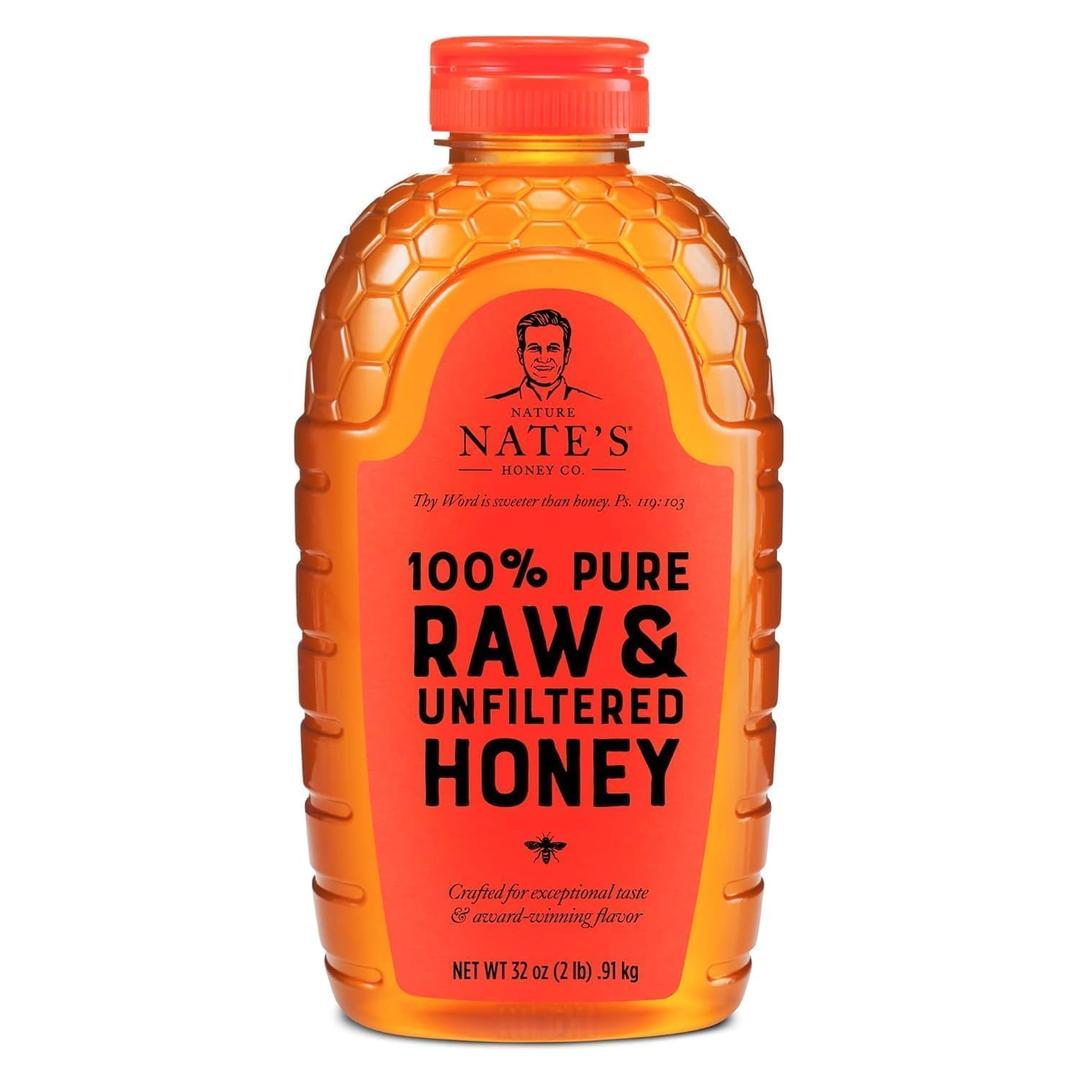 Nate's 100% Pure, Raw & Unfiltered Honey - Award-Winning Taste, 32oz. Squeeze Bottle Best By 08/11/26 and Atkins Double Fudge Brownie Protein Meal Bar, High Fiber, 15g Protein, 1g Sugar, 4g Net Carb, Meal Replacement, Keto Friendly  Best By 08/23/2025