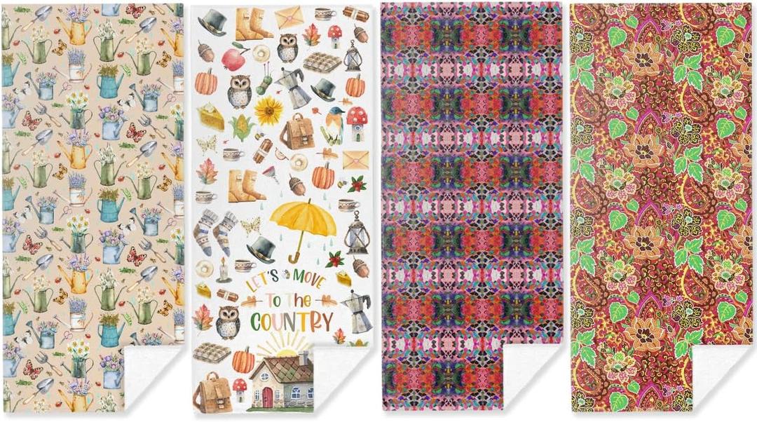 4 Pack Vibrant Colorful Boho Towels for Bathroom, Beach Towel, Microfiber Beach Towels Oversized, Multicolor Tea Towel Accessories for Christmas Travel 32x71 IN?Botanical Gardening Country Style