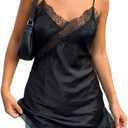XBTCLXEBCO Women's Satin Lace Cami Top Silk V Neck Spaghetti Strap Camisole Asymmetrical Hem Flowy Long Lace Tank Slip Dress (Black, L)