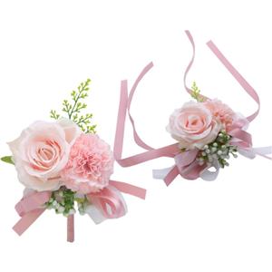 Rikyo 2 Pack Flower Wrist Corsage Boutonniere Set,3" Artificial Rose Carnation Wrist Corsage and Men Boutonniere Set,DIY Silk Flower for Wedding Flowers Accessories Prom Suit Decor (Pink)