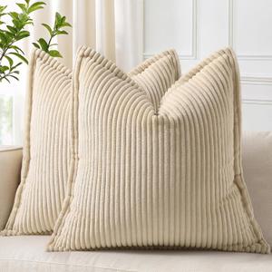 decorUhome Summer Corduroy Beige Euro Sham Throw Pillow Covers 24x24 Set of 2 Decorative Soft Boho Farmhouse Couch Pillow Covers for Living Room Bed Sofa Broadside Striped Pillow Cases
