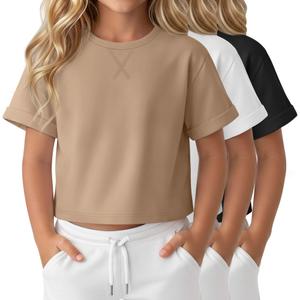 Oakgarden 3 Pack Girls Short Sleeve Tops Oversized Crew Neck Crop Shirts 5-14 Years Kids Casual Basic Tees Rolled Sleeve(Khaki, White, Black,7-8 Years)