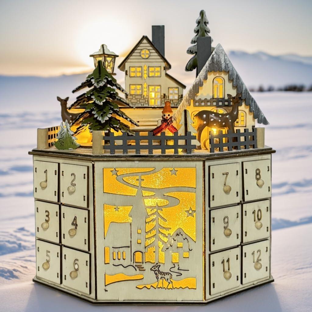 Irieiply Christmas Wooden Musical Advent Calendar with LED Decoration Cabin Reindeer and Christmas Tree, Empty Calendar with 24 Storage Drawers Countdown to Christmas Table Decor, Round Village (Light Yellow)