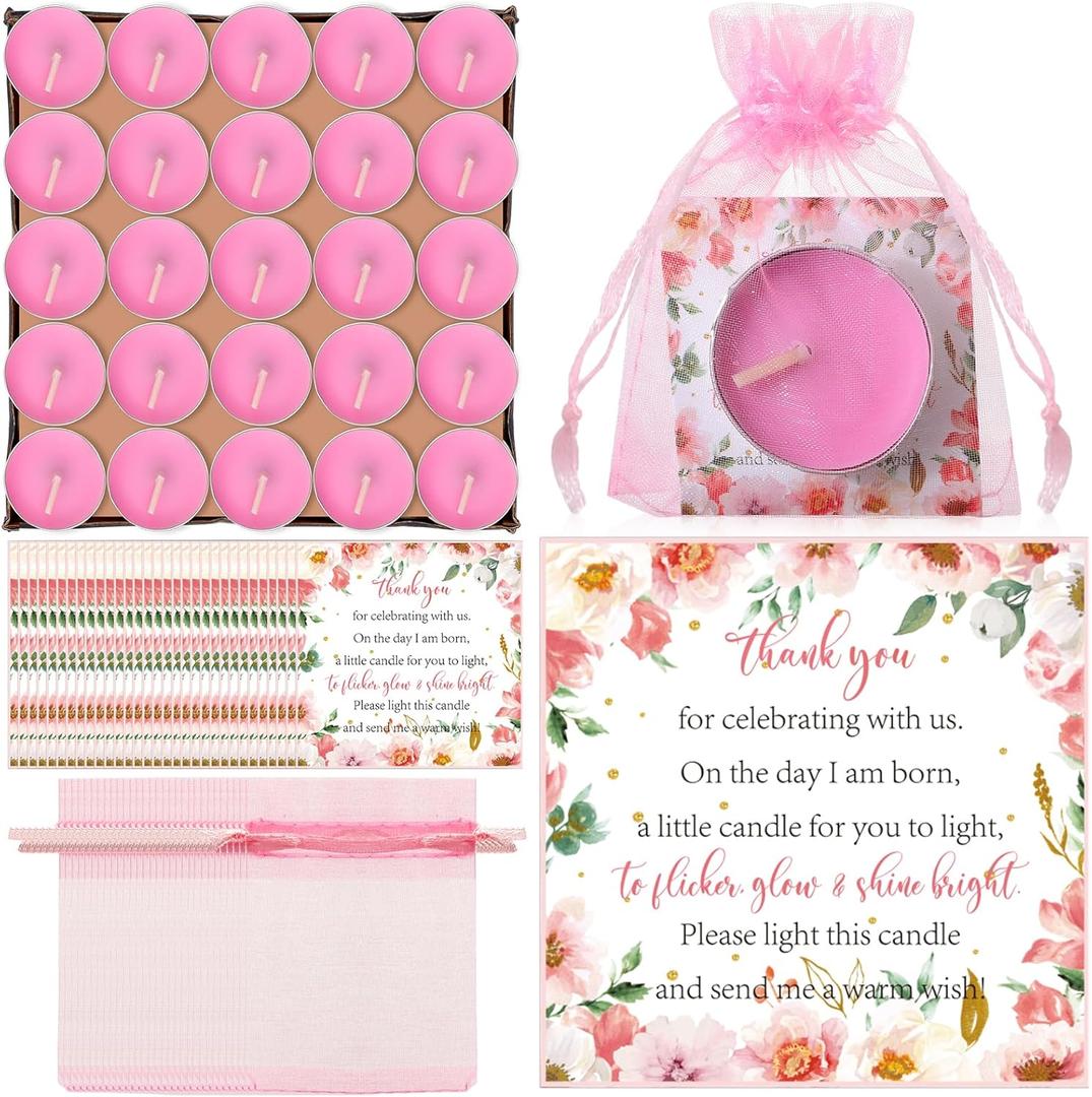 MTLEE 50 Sets Baby Shower Candle Favors for Guests Including 50 Pcs Tea Light Candles and 50 Thank Tags and 50 Return Gift Bags for Baby Shower Gender Reveal Party Supplies(Pink,Flowers)