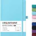 Dotted Journal/Notebook - Dot Grid Hard Cover Notebook, Premium Thick Paper with Fine Inner Pocket, Black Smooth Faux Leather, Pen Loop, 5.3'' x 8.26'' - Light Blue