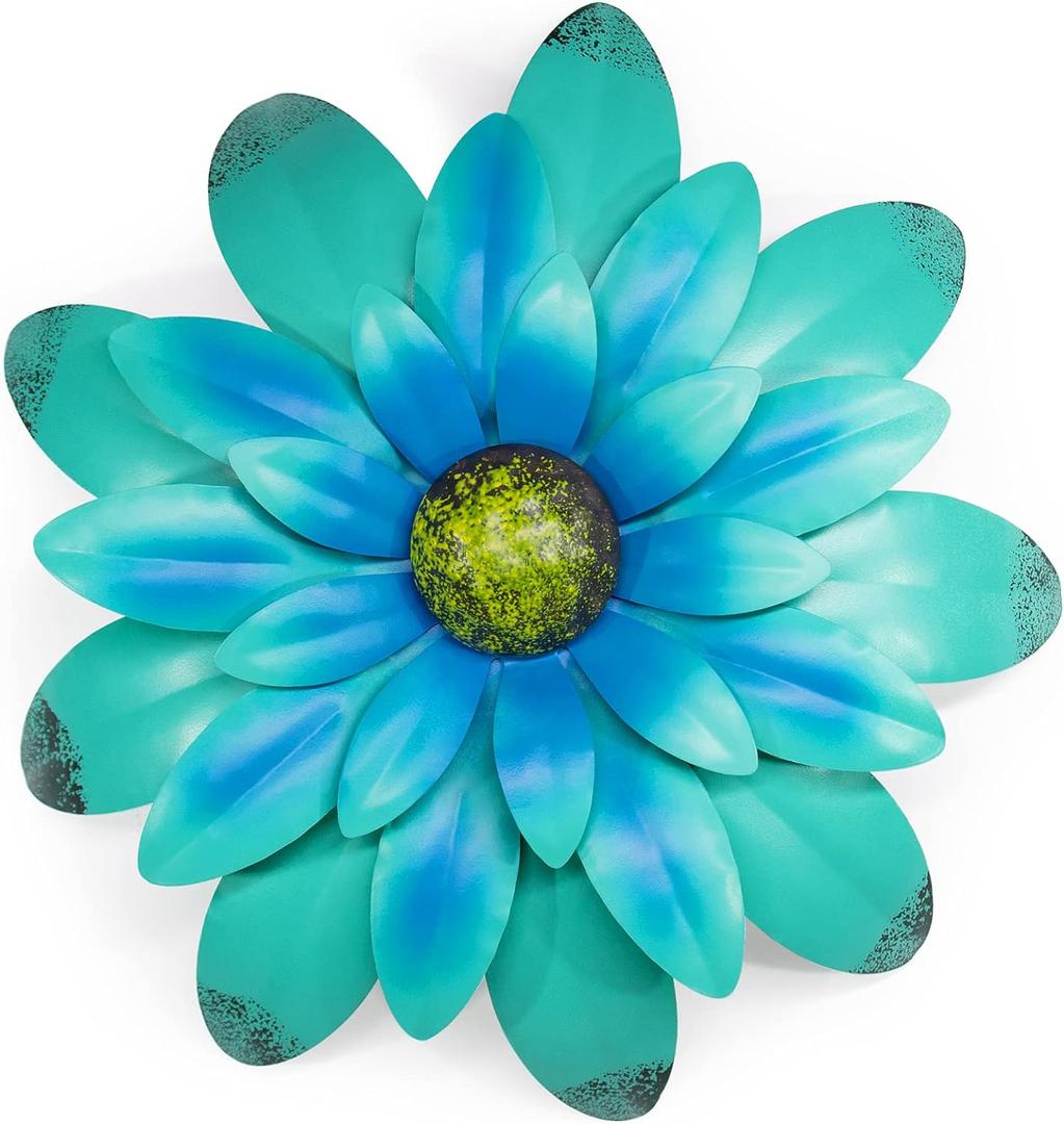 EASICUTI Blue Metal Flowers Wall Decor Metal Wall Art Decorations Hanging For Indoor Outdoor Home Bathroom Kitchen Room Bedroom Living Room Garden Patio Porch 12 Inch (Blue)