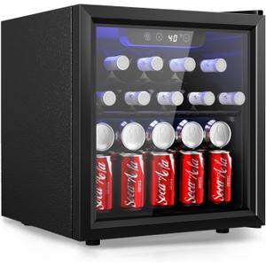 EUHOMY 48 Can Beverage Refrigerator cooler-Mini Fridge Glass Door for Beer Drinks Wines, Countertop Beverage Fridge with Adjustable Shelves Blue LED for Home/Office/Dorm/Bar, 1.3 cu.ft, Black