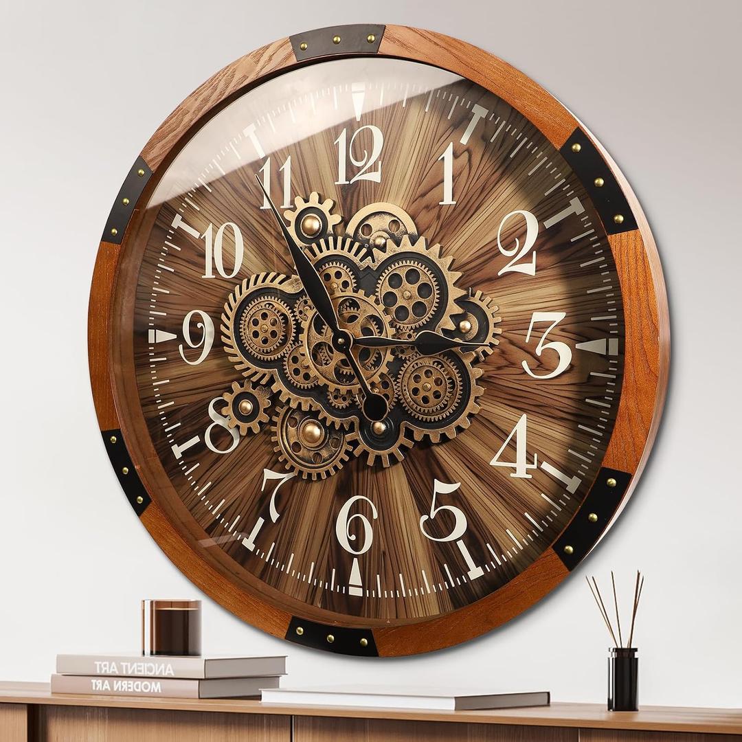 TOKTEKK 27 inch Large Real Moving Gears Wall Clocks for Living Room Decor