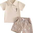 Toddler Baby Boy 4th Of July Outfit Summer Clothes American Flag Short Sleeve Lapel Shirt Plaid Shorts Set (2-3T, Khaki Cross)