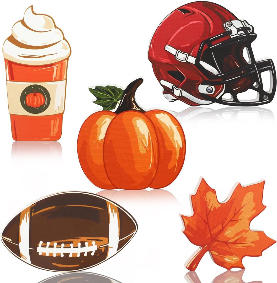 5Pcs Fall Football Theme Wooden Table Decor Pumpkin Maple Leaves Football Helmet Drink Wood Sign Thanksgiving Farmhouse Table Tiered Tray Decor for Autumn Thanksgiving Harvest Home Kitchen Shelf Decor