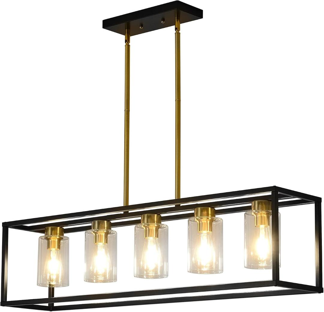 XILICON Brushed Brass+Black l Dining Room Chandeliers Lighting Fixture Linear Pendant Modern 5-Light with Glass Shades Vintage Farmhouse Ceiling Light Hanging for Kitchen Island Cafe Bar