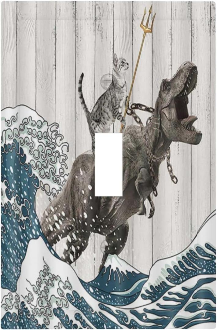 Funny Cat Cool Cat Dinosaur Japanese Sea Waves Wood Single Toggle Light Switch Cover Plate Decorative 1 Gang Wall Plate Cover Electrical Device Switchplate for Farmhouse Bedroom Bathroom Decor