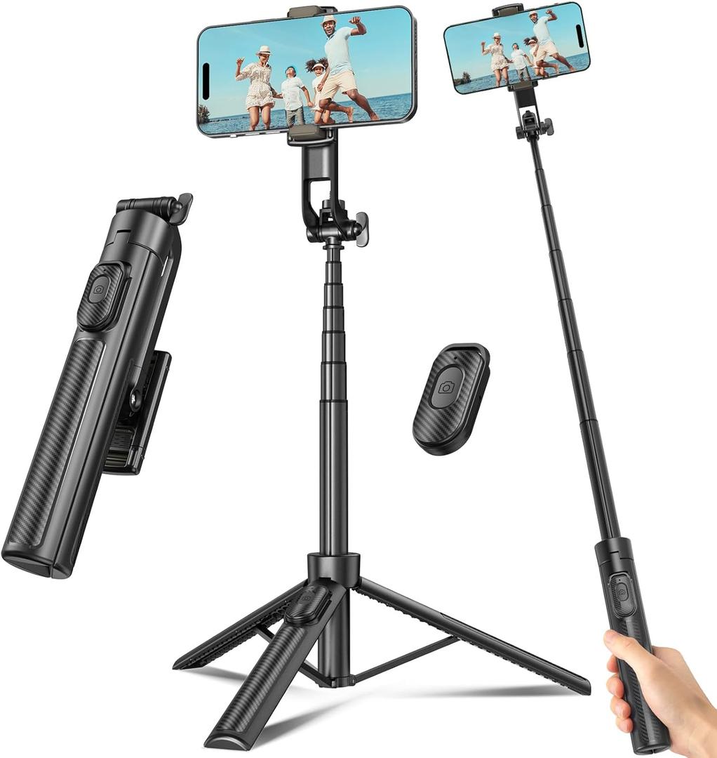 Selfie Stick Travel Tripod for Cell Phone with Remote Control and Phone Holder, Extendable Selfie Stick for iPhone, iPhone Tripod for Video Recording, 50 Inch, Black (50 inch, Black)