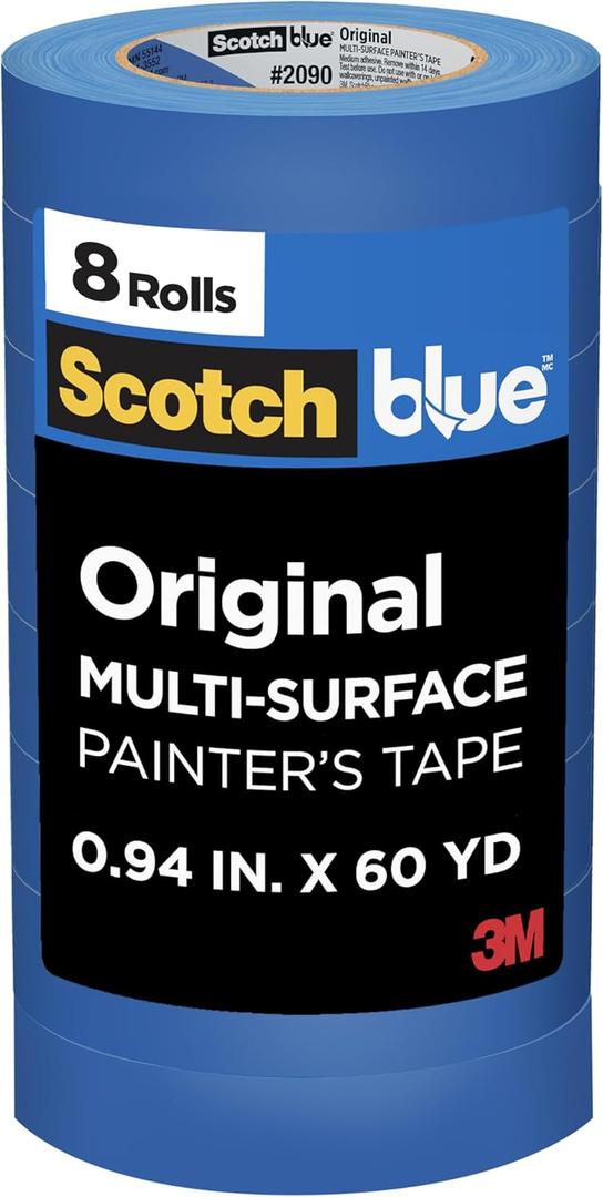 ScotchBlue Painter's Tape, 0.94" Width x 60 Yards, 8 Rolls, Blue, Multi-Surface, Indoor/Outdoor, 45% Renewable Resources, No Residue, DIY, Glass, Wood, 0.94 inches, Made in USA or Imported
