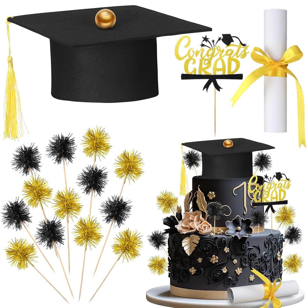 Ctosree 16 Pcs Graduation Cake Kit Graduation Cake Topper Included Felt Graduate Cap with Tassel Firework Cupcake Toppers Grads Cupcake Topper Diploma Decor for Wedding Graduate Party(Black Gold)