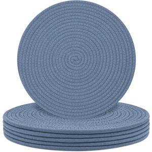 Round Placemats Set of 6, Cotton Rope Woven Table Mats, Hot Pads for Kitchen, Non Slip Heat Resistant Place Mats, 13 Inches Braided Placemat for Farmhouse Decor and Kitchen Table Decor (Blue)