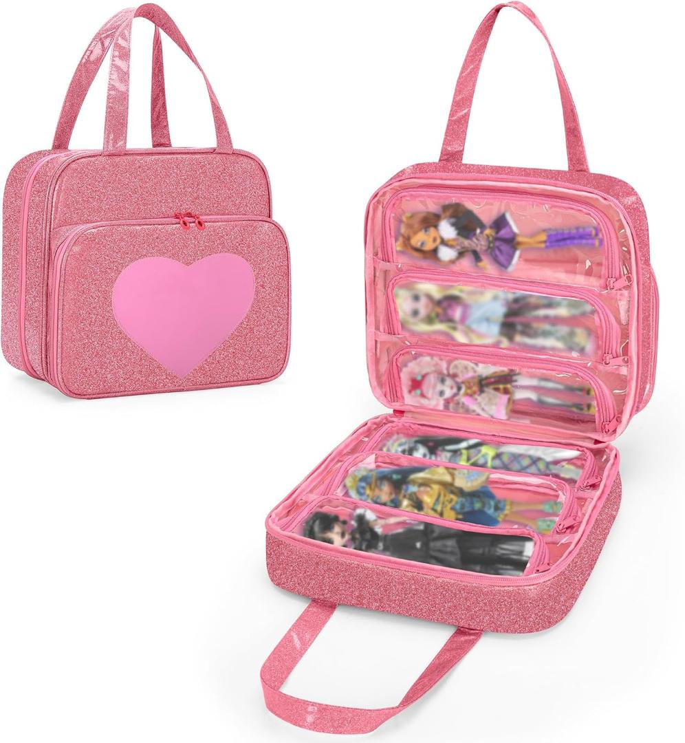 LoDrid Doll Case Compatible with Monster High Dolls with 6 Transparent Pockets for Display and Storage, Tote Bag with Front Pocket and Handle, Pink, Bag Only