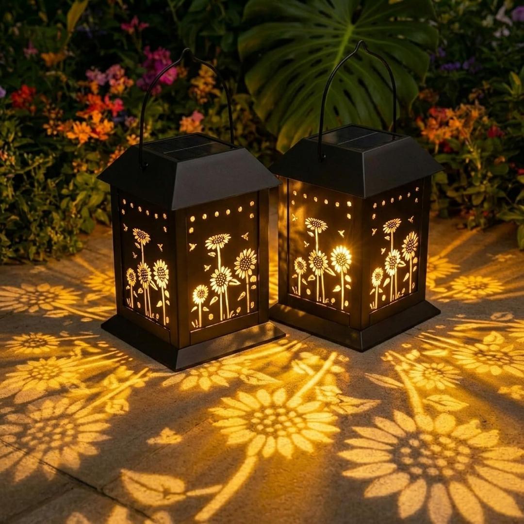 Outdoor Solar Lanterns, 2 Pack Hanging Solar Lights Waterproof, with Type-C Charging Port and Ground-Mounted Light Poles, Sunflower Decorative LED Lanterns Maintain 10 Hours of Lighting (2Pack)