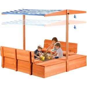 Kids Wooden Outdoor Sandbox with CoverSand Boxes with Canopy and Foldable Storage Bench Seats, Sand Table with Protection Bottom Liner,Kids Play Equipment for Outdoor(47X47Inch)