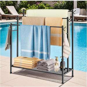 Towel Rack Standing Towel Rack-Bath Sheets Rack 3 Tier Towel Stand Blanket Rack with Large Storage & 6 Hooks, Freestanding Towel Racks for Bathroom Bedroom Organizer Indoor Outdoor (Black)