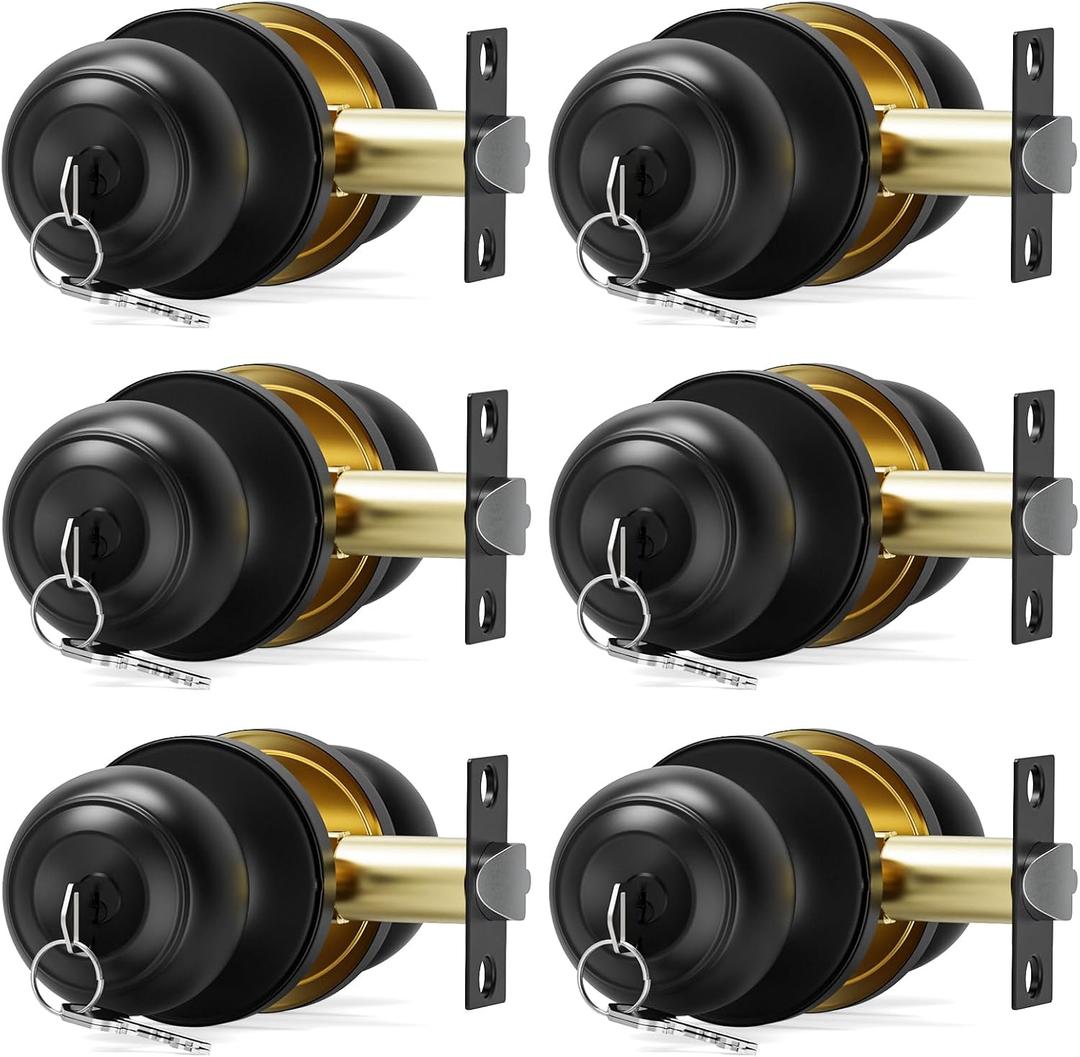 6 Pack Door Knob with Lock, Keyed Different Entry Door Knobs, Interior and Exterior Round Ball Door Lock for Front Bedroom or Bathroom, Door Knobs Matte Black Finish