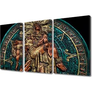 Maya Aztec Pictures for Living Room Maya and Aztec Painting Multi Panel Canvas Wall Art Mayan Aztec Warrior Artwork Modern Home Decor Wooden Framed Giclee Ready to Hang, 36" Wx24 H