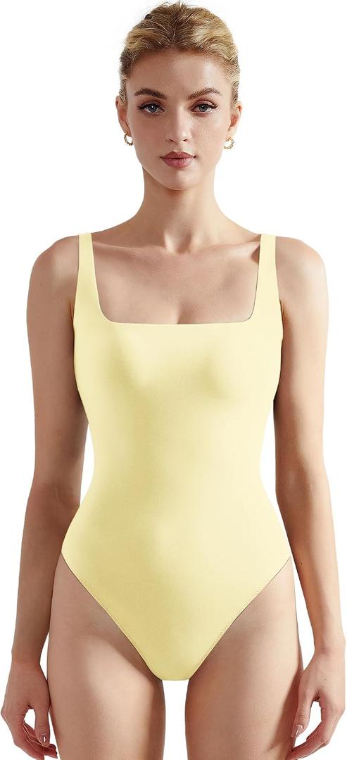 SUUKSESS Women Sexy Square Neck Thong Bodysuit Backless Sleeveless Tank Tops Body Suit (Pale Yellow, L)