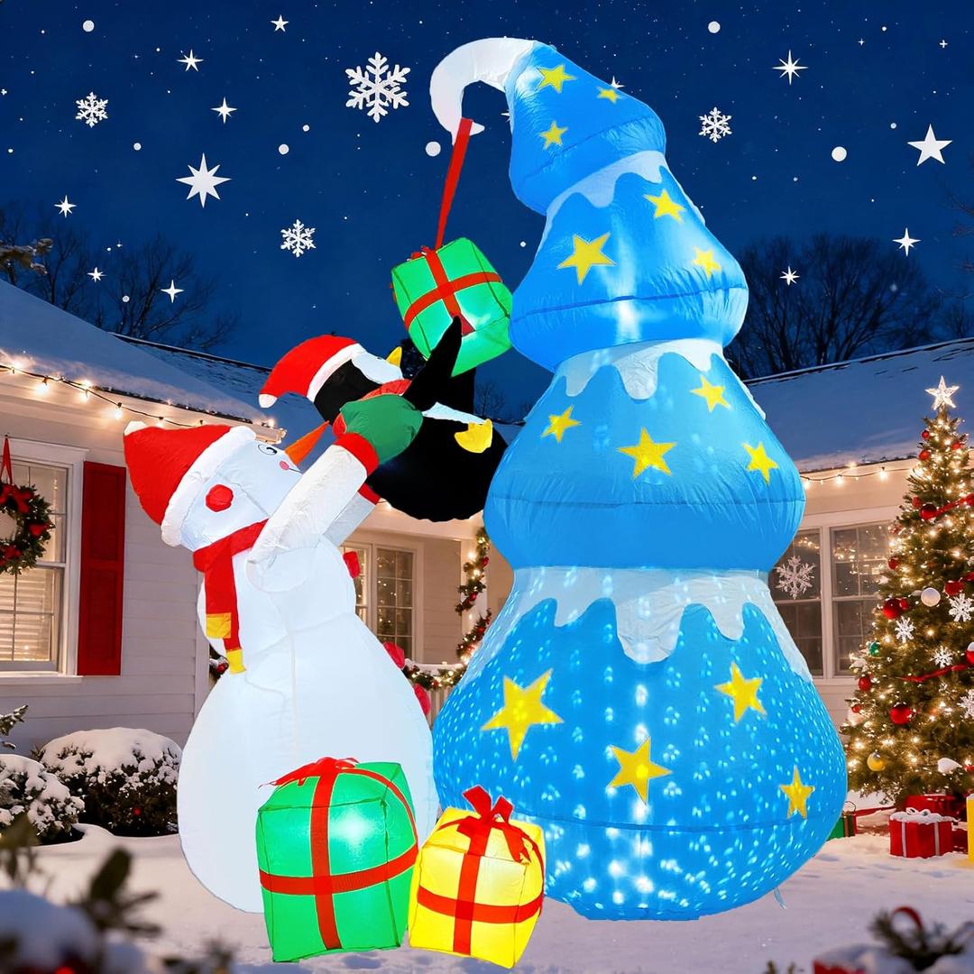 8FT Christmas Inflatables Giant Christmas Tree Yard Decoration, Xmas Blow Up Snowman Penguin Gift Box Outdoor Decorations with Falling Snow LED Lights for Holiday Lawn Decor, Xmas Gifts