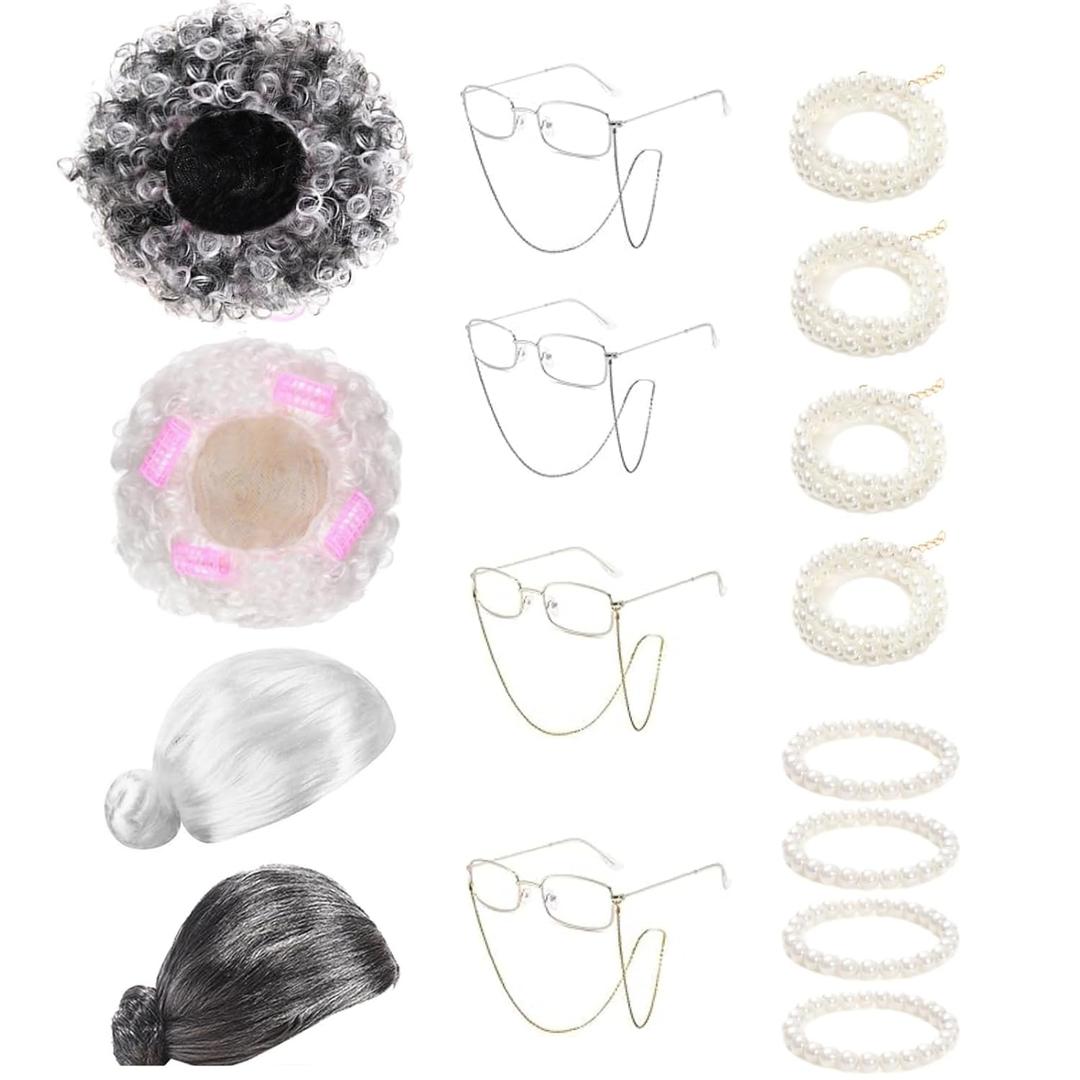 20 Pcs Old Lady Wig Costume for Women, Grandma Wig Granny Glasses with Chain Pearl Necklace for Halloween Cosplay Dress Up Party 100 Days of School Costume
