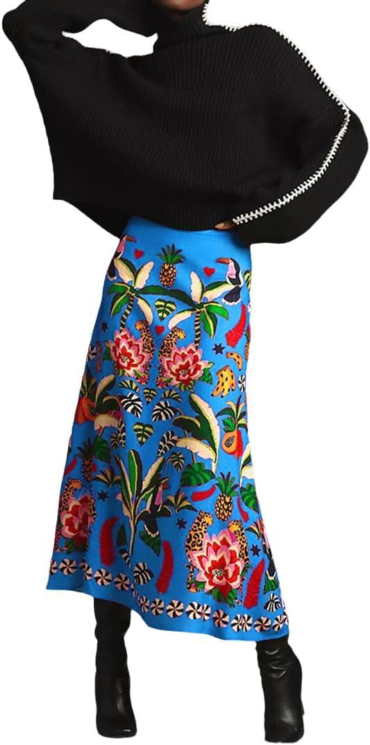 THLAI Womens Skirt Midi Skirt Tropical Plant Print Pink Zipper A-Line Long Skirts Spring Summer Skirt Floral (Medium, Blue) THLAI Womens Skirt Midi Skirt Tropical Plant Print Pink Zipper A-Line Long Skirts Spring Summer Skirt Floral (Medium, Blue)
