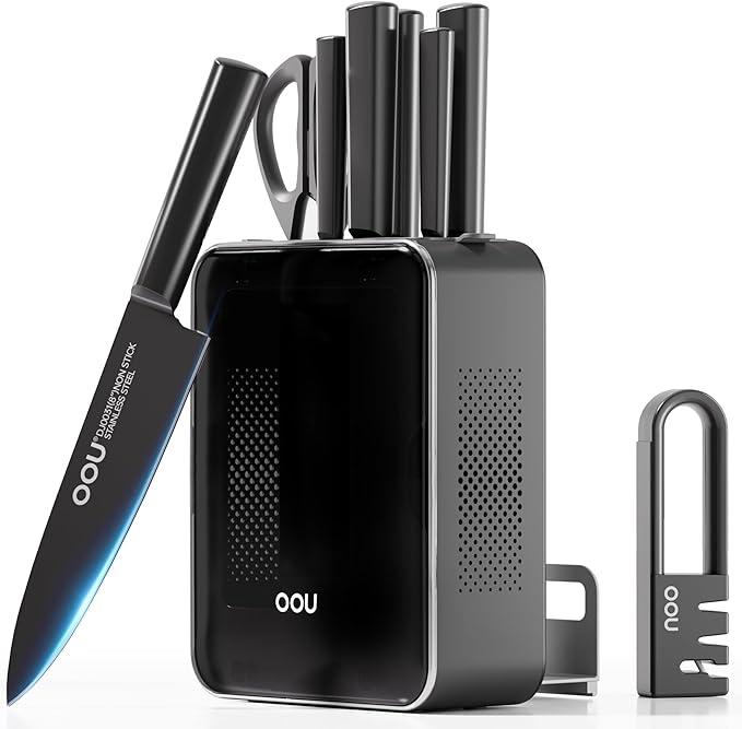 OOU Knife Set with Block and Sharpener,9 Pcs High Carbon German Steel Knife Block Set, Dishwasher Safe Knife Set with Upgrade Ventilated Block & Built-in Cutting Board Organizer, Anti-Rust