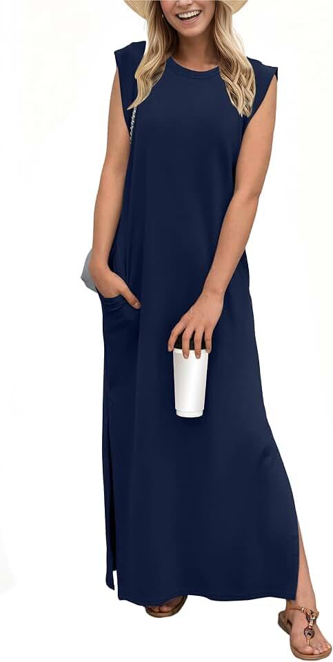 GRECERELLE 2026 Women Year-Round Casual Round Neck Loose Split Wrinkle-Free Long Maxi Vacation Dress with Pockets, Medium