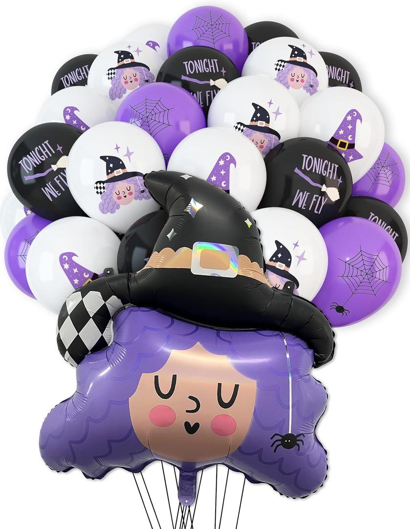 HOUSE OF PARTY Halloween Witch Foil Balloon - 50PCS Black White Purple Witch, Hat, Spider Web Latex Balloons for Kids Birthday Party Decorations, School Classroom Games, Kids' HandOut