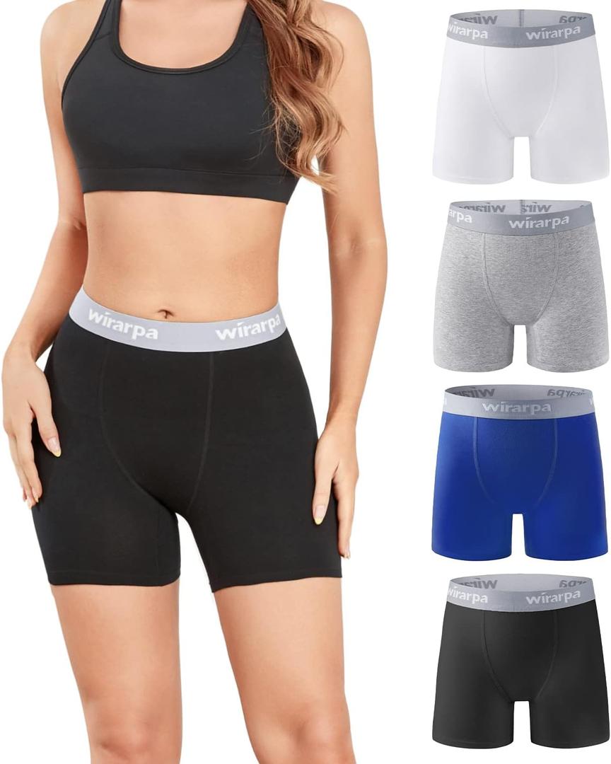 wirarpa Women's Boxer Briefs Cotton Underwear Anti Chafing Boy Shorts Panties 5.5" Inseam 4 Pack (Black/White/Blue/Heather Gray, Size XL)