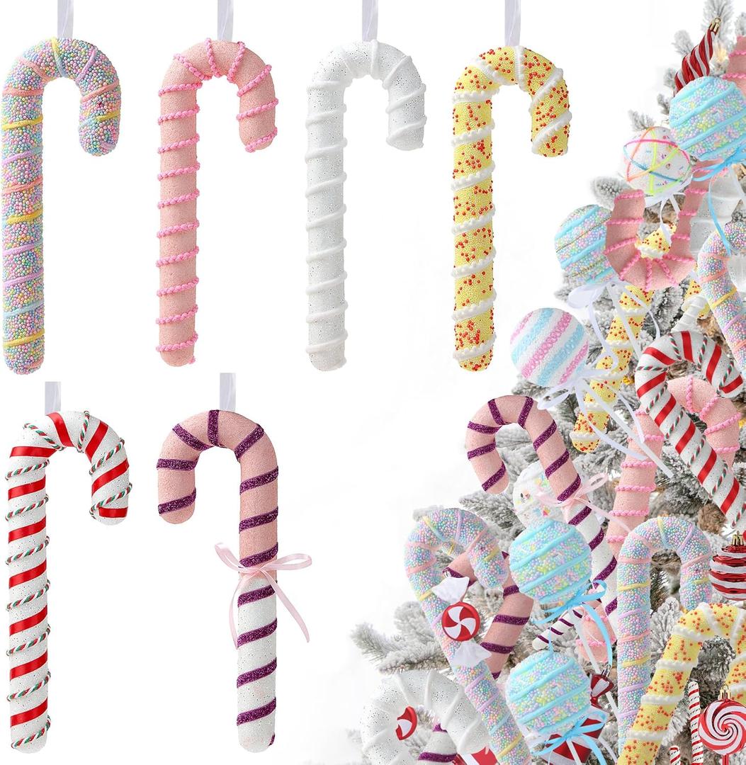 6 Pcs Large Christmas Tree Ornaments 13 Xmas Candy Cane Lollipop Foam Hanging Ornament Pink Yellow Christmas Tree Pendants for Xmas Birthday Party Wedding Indoor Holiday Home Decorations