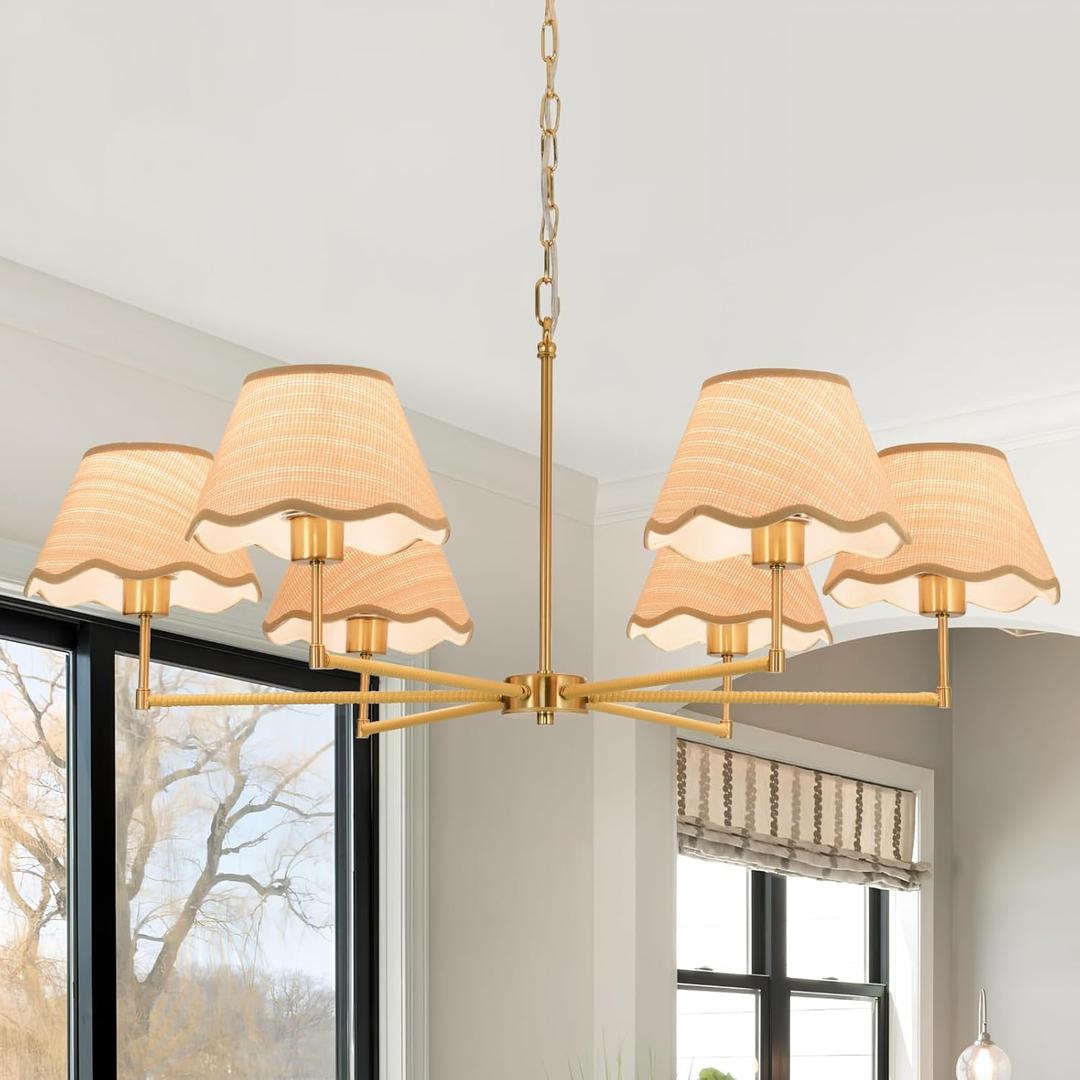 6-Light Boho Rattan Chandelier 39 Rattan Pendant Light with Hand-Woven Shade Adjustable Height Vintage Dining Room Chandelier for Kitchen Island Living Room Bedroom Foyer E26 Base (Gold)