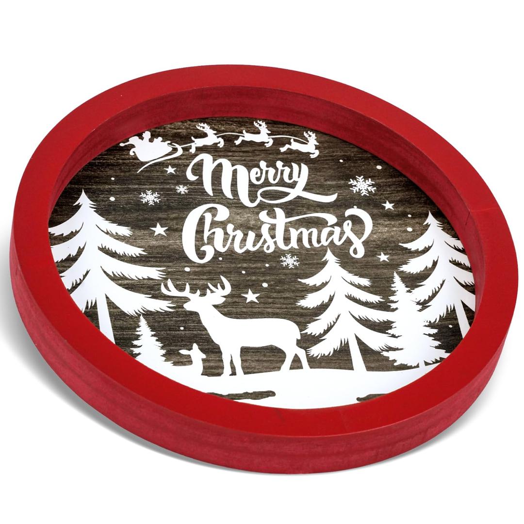 Putuo Decor Round Christmas Serving Tray Christmas Decorations for Home Rustic Decorative Wooden Tray Christmas Tray Serving Platters for Entertaining for Coffee Wine Table Serving (Brown and White)