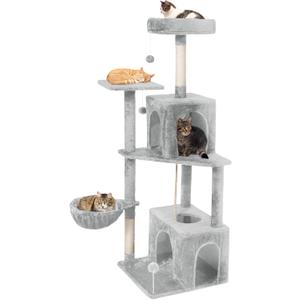 54 Inch Multi-Level Cat Tree Tower with Hammock, Condos & Scratching Posts, Large Cat Furniture for Indoor Cats with Pompoms, Light Grey