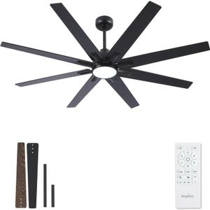 NEWDAY 62-INCH BLACK LARGE CEILING FAN WITH LIGHT, REMOTE, REVERSIBLE DC | DUAL-FINISH 8-BLADE, TIMER, 6-SPEED QUIET 3CCT LED, HIGH AIRFLOW COOLING FOR KITCHEN, LIVING ROOM, PATIO, INDOOR/OUTDOOR.