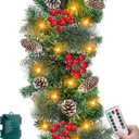 [ Remote Control & Timer & 8 Modes ] 9Ft by 10 Inch 50 LED Prelit Christmas Garland Decorations Warm White Lights Thick 300 Snowy Tips 198 Red Berry 18 Pinecone Xmas Decor Garland Indoor