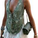 Cjfdfy Women's Y2k Sparkly Sequin Beaded Halter Tops Sexy Cowl Neck Low Cut Backless Embellished Tops Concert Party Outfits, Small