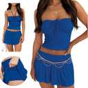 Hafailia Summer Two Piece Outfits for Women Y2K Going Out Tie Ruched Tube Crop Tops Low Rise Pleated Mini Skort Skirt Sets (Small, Blue)