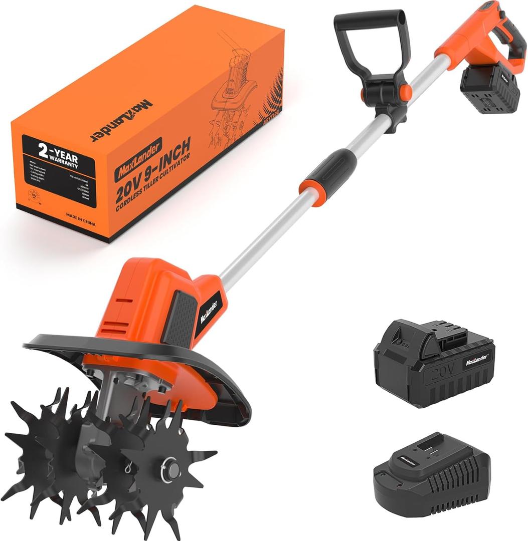 MAXLANDER 20V Cordless Tiller Cultivator, 9-Inch Electric Garden Tiller with 48 Steel Tines, 360RPM Battery Powered Rototiller for Gardening, 4.0Ah Battery and Charger Included