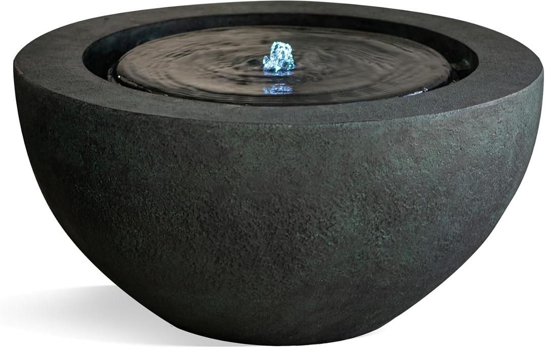 XBrand 19.8" W Round Sphere Water Fountain Indoor Outdoor with LED Light, Polyresin Bubbler Feature for Patio Garden Yard Home Decor, Dark Green
