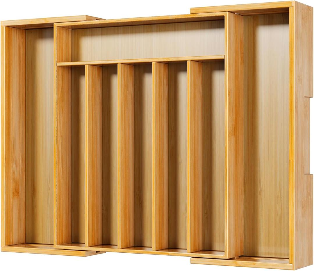 Kitsure Large Bamboo Silverware Organizer - Expandable Drawer Organizer for Utensil, Cutlery and Flatware, Kitchen Storage Solution with 6 to 8 Slots, Natural, 19.4"  13.1"  1.8"