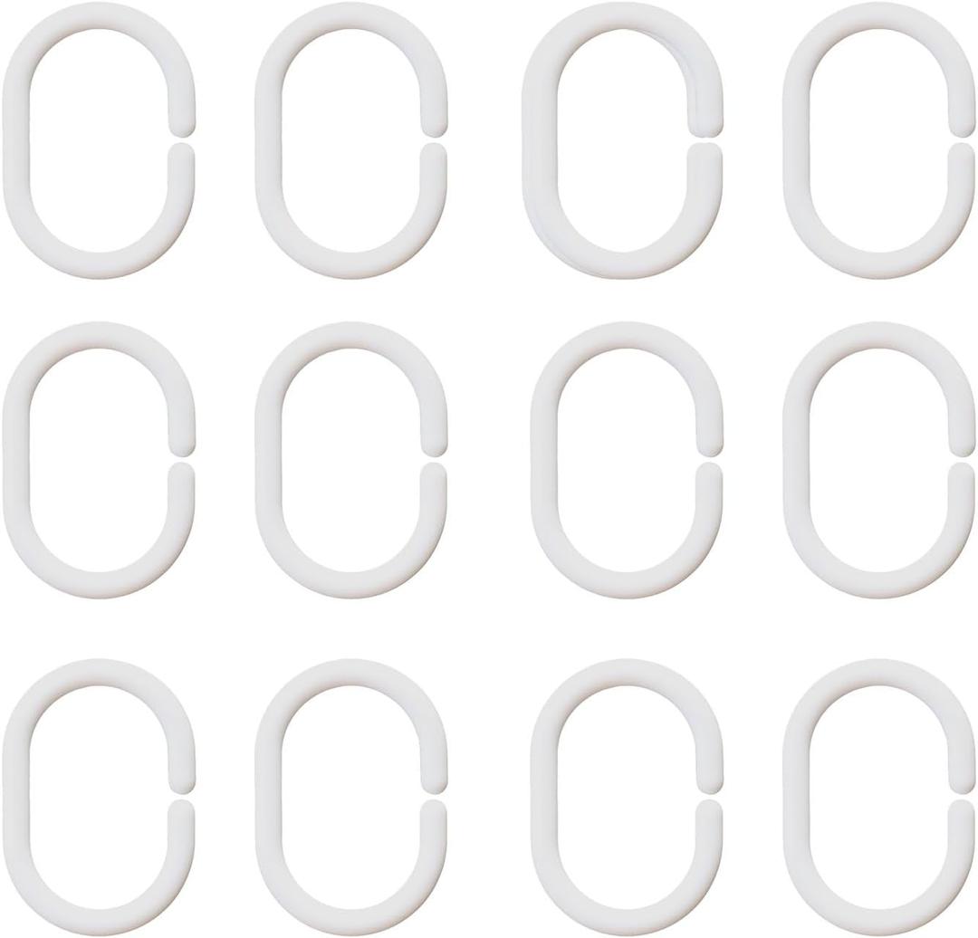 12 Pack Shower Curtain Rings Plastic Shower Curtain Hooks C-Shaped Rings Hook Hanger Bath Drape Loop Clip Glide for Bathroom Shower Window Rod (White)